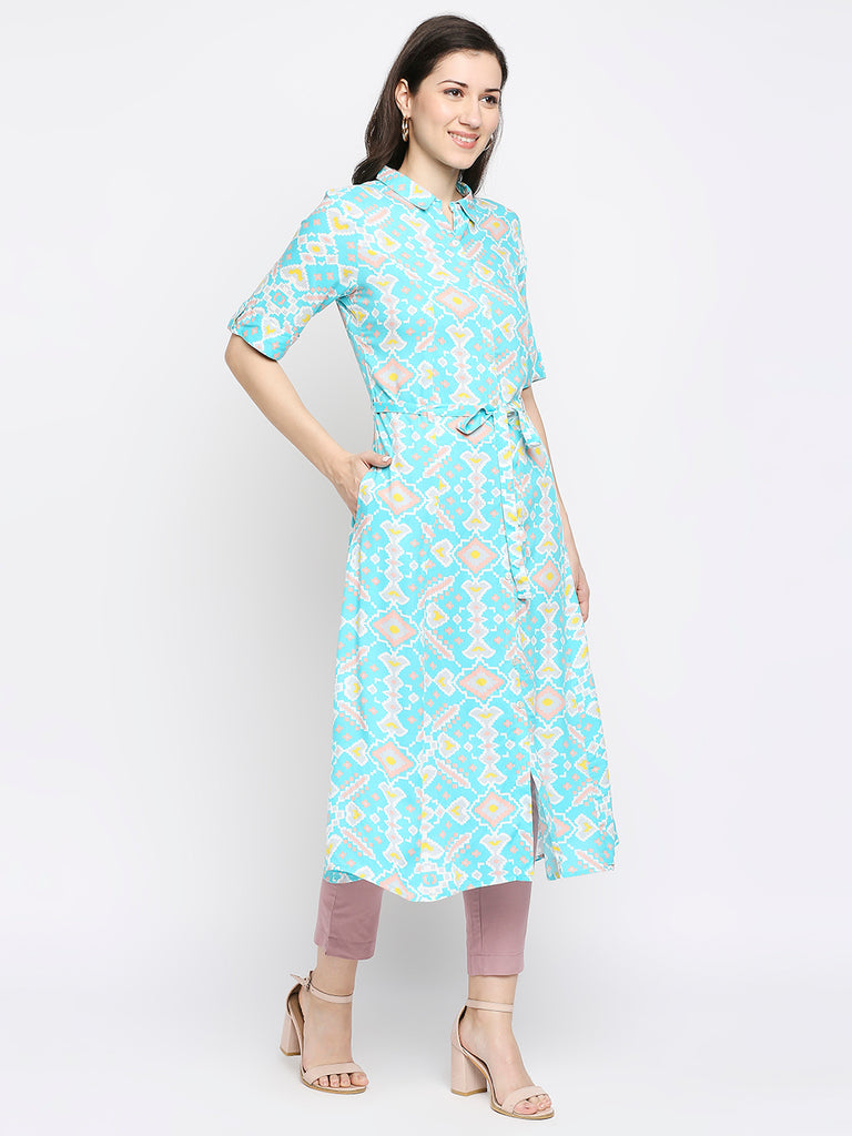 Women's Aqua Rayon Embroidered Fusion Topwear