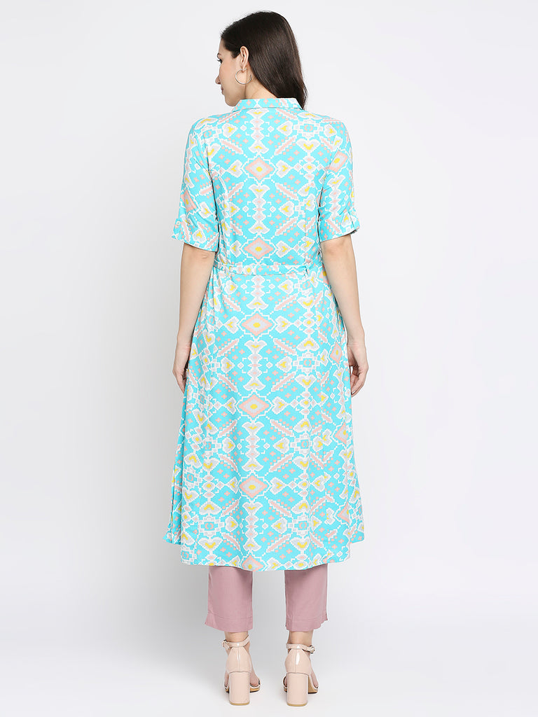 Women's Aqua Rayon Embroidered Fusion Topwear