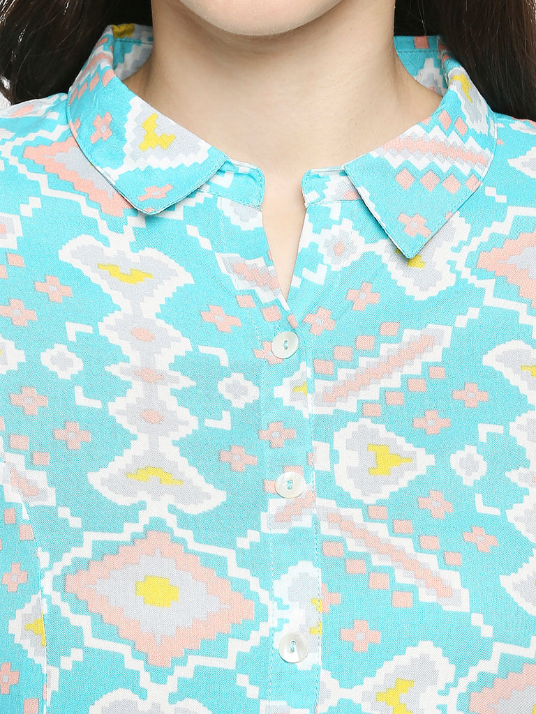 Women's Aqua Rayon Embroidered Fusion Topwear