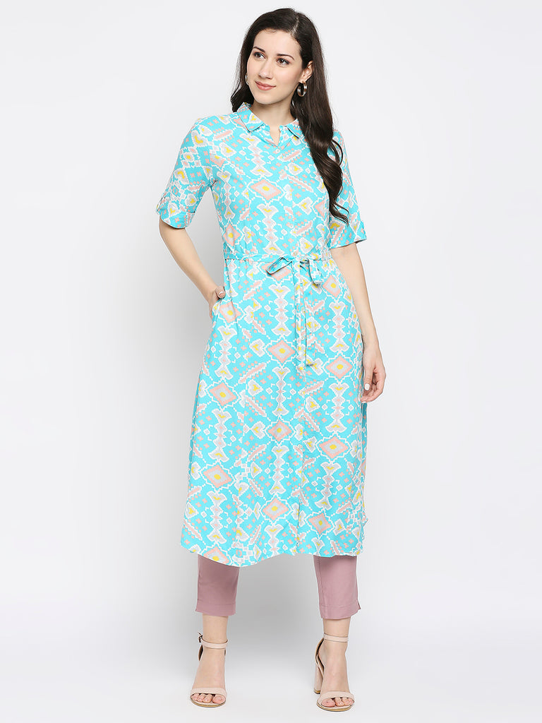 Women's Aqua Rayon Embroidered Fusion Topwear