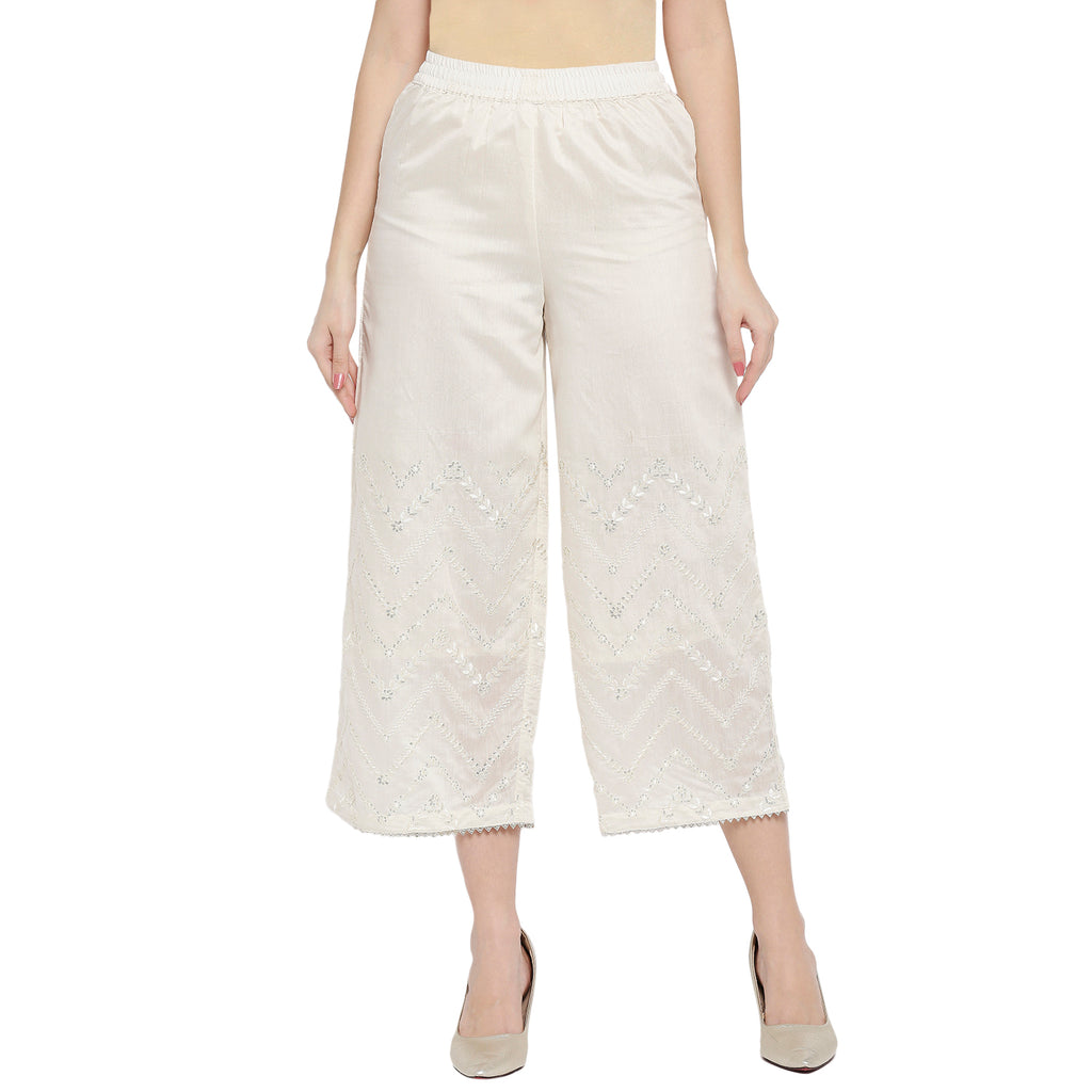 Women Off White Viscose Chanderi Embroidered Palazzo