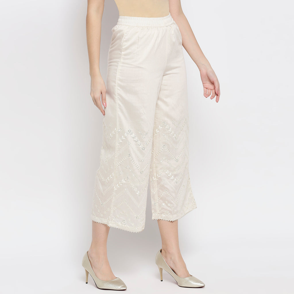 Women Off White Viscose Chanderi Embroidered Palazzo
