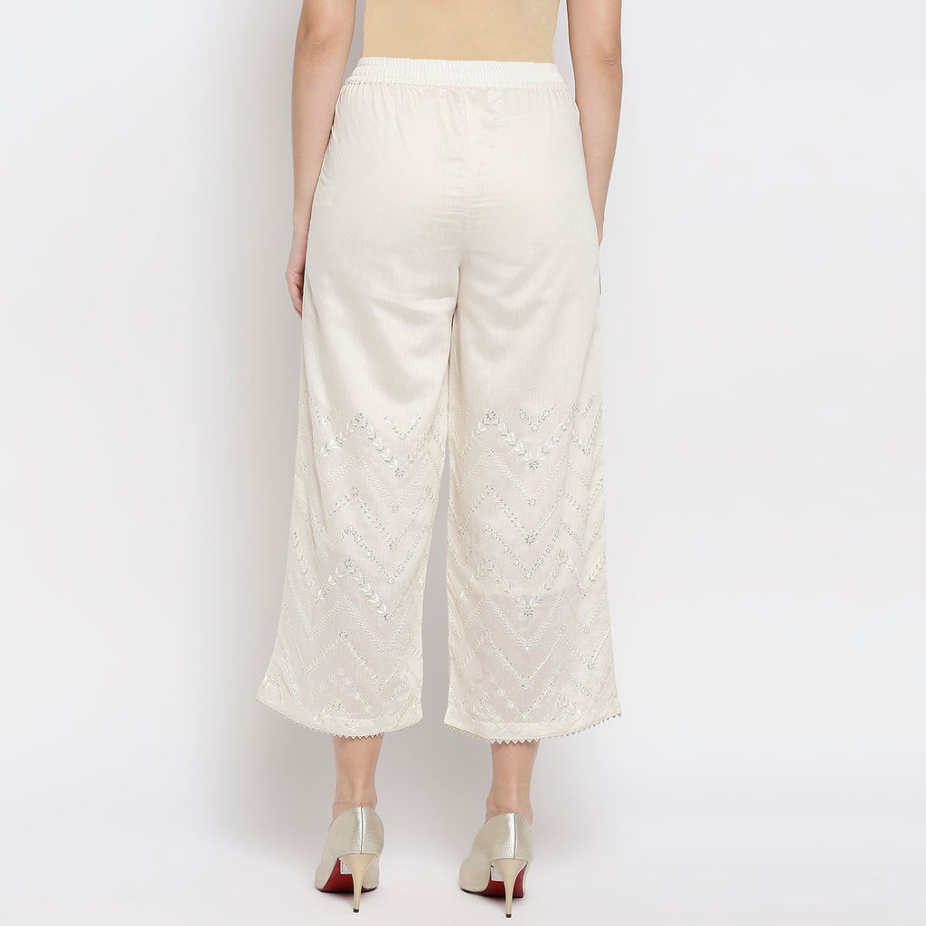 Women Off White Viscose Chanderi Embroidered Palazzo