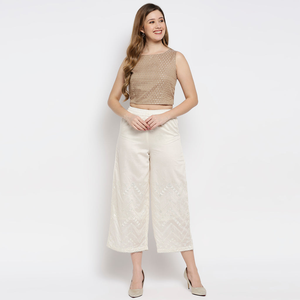 Women Off White Viscose Chanderi Embroidered Palazzo