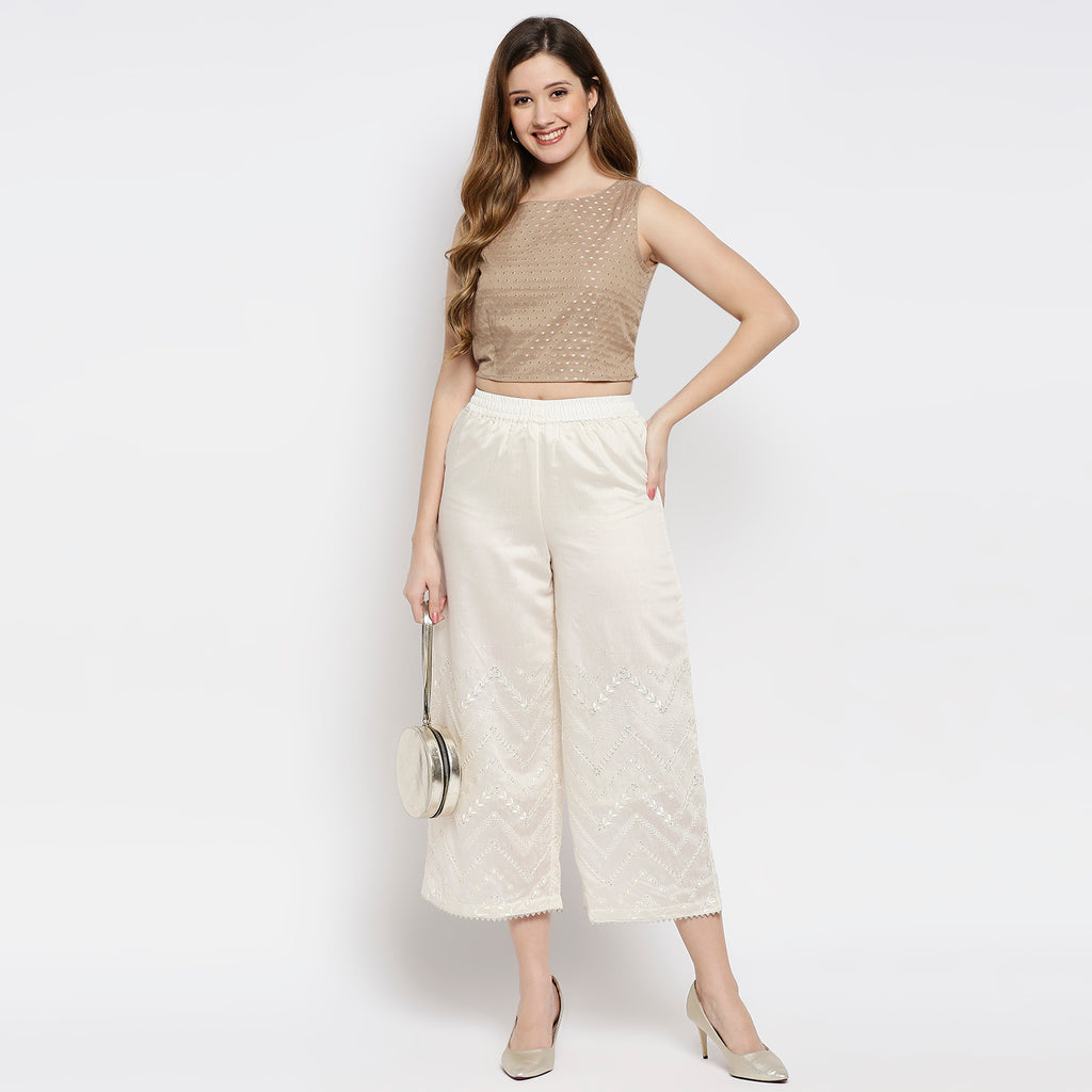 Women Off White Viscose Chanderi Embroidered Palazzo