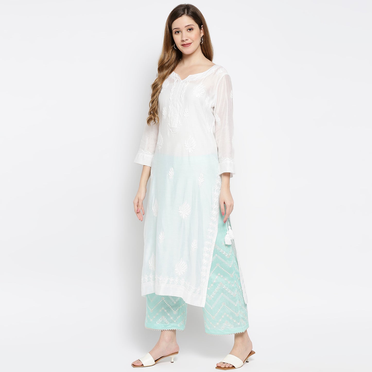 Women Blue Viscose Chanderi Embroidered Palazzo