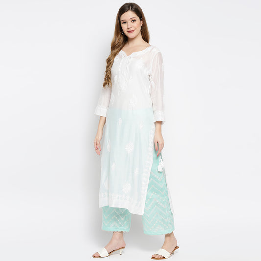 Women Blue Viscose Chanderi Embroidered Palazzo