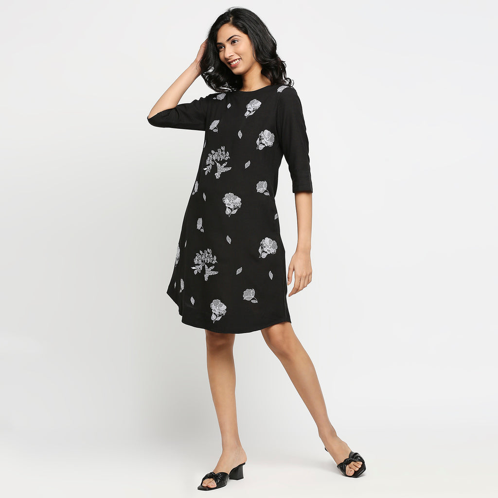 Women's Black Cotton Slub Floral Dress