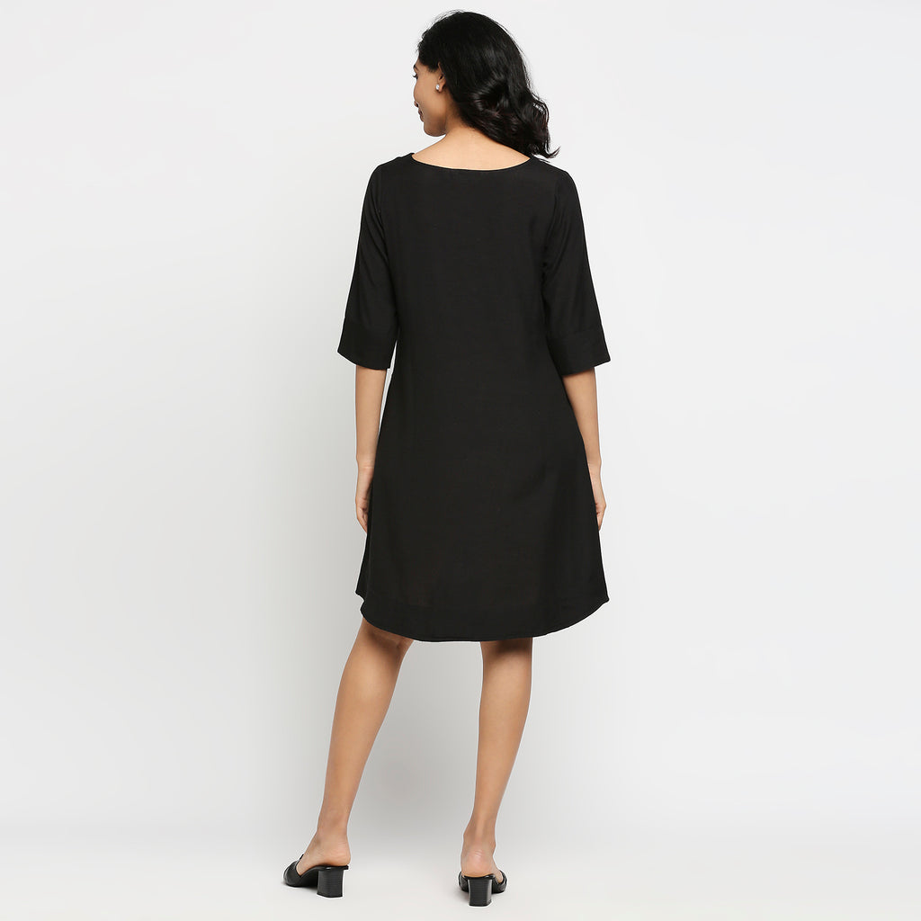 Women's Black Cotton Slub Floral Dress