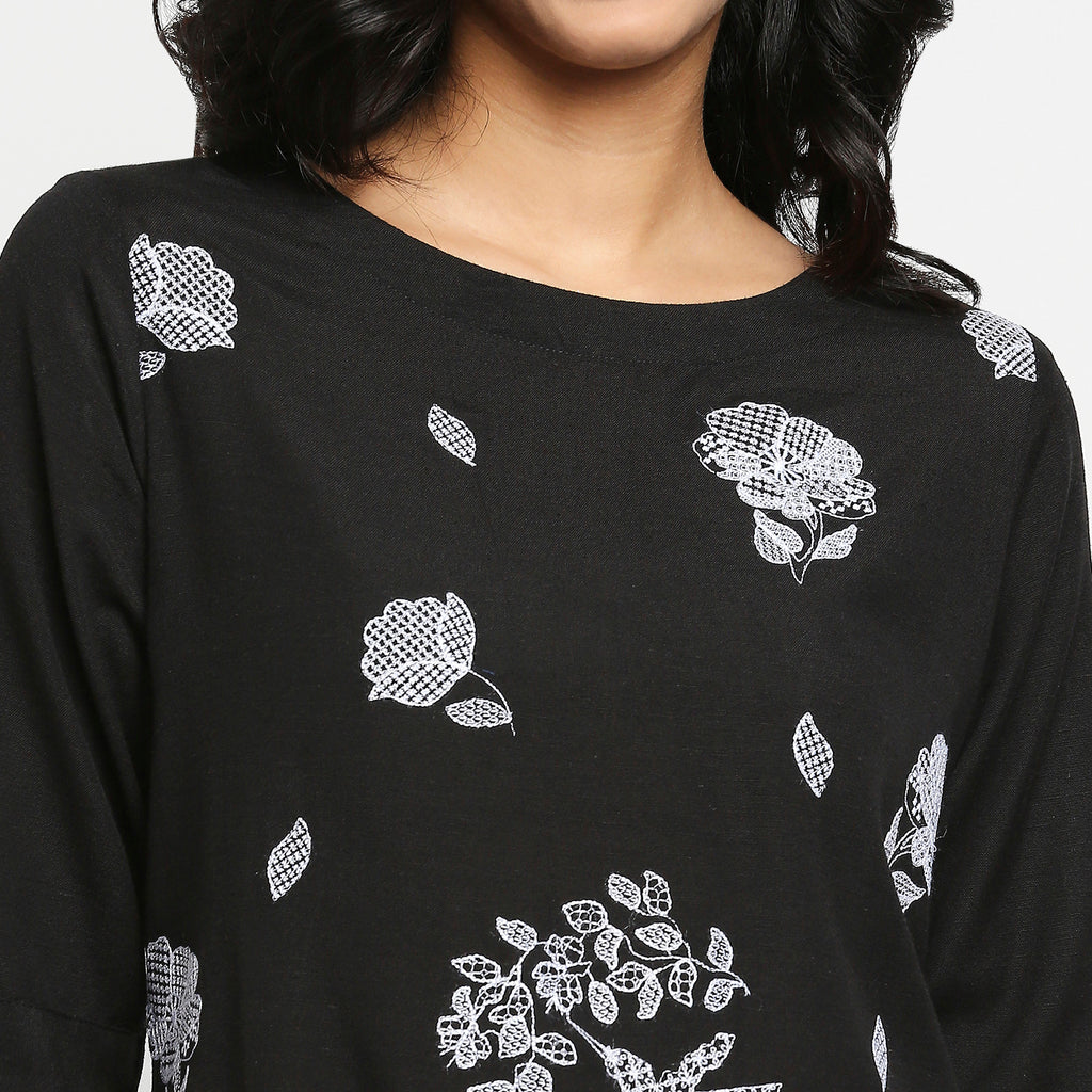 Women's Black Cotton Slub Floral Dress