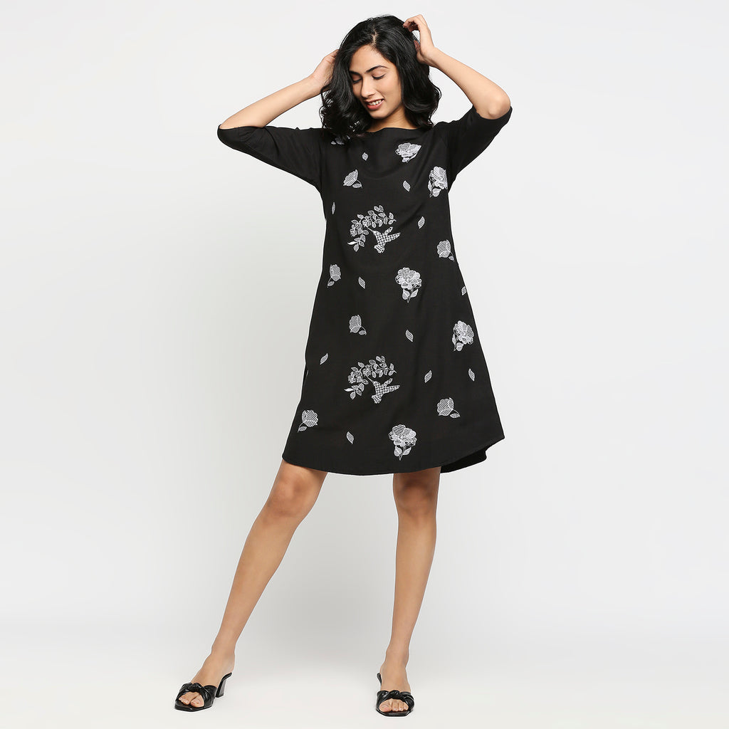 Women's Black Cotton Slub Floral Dress