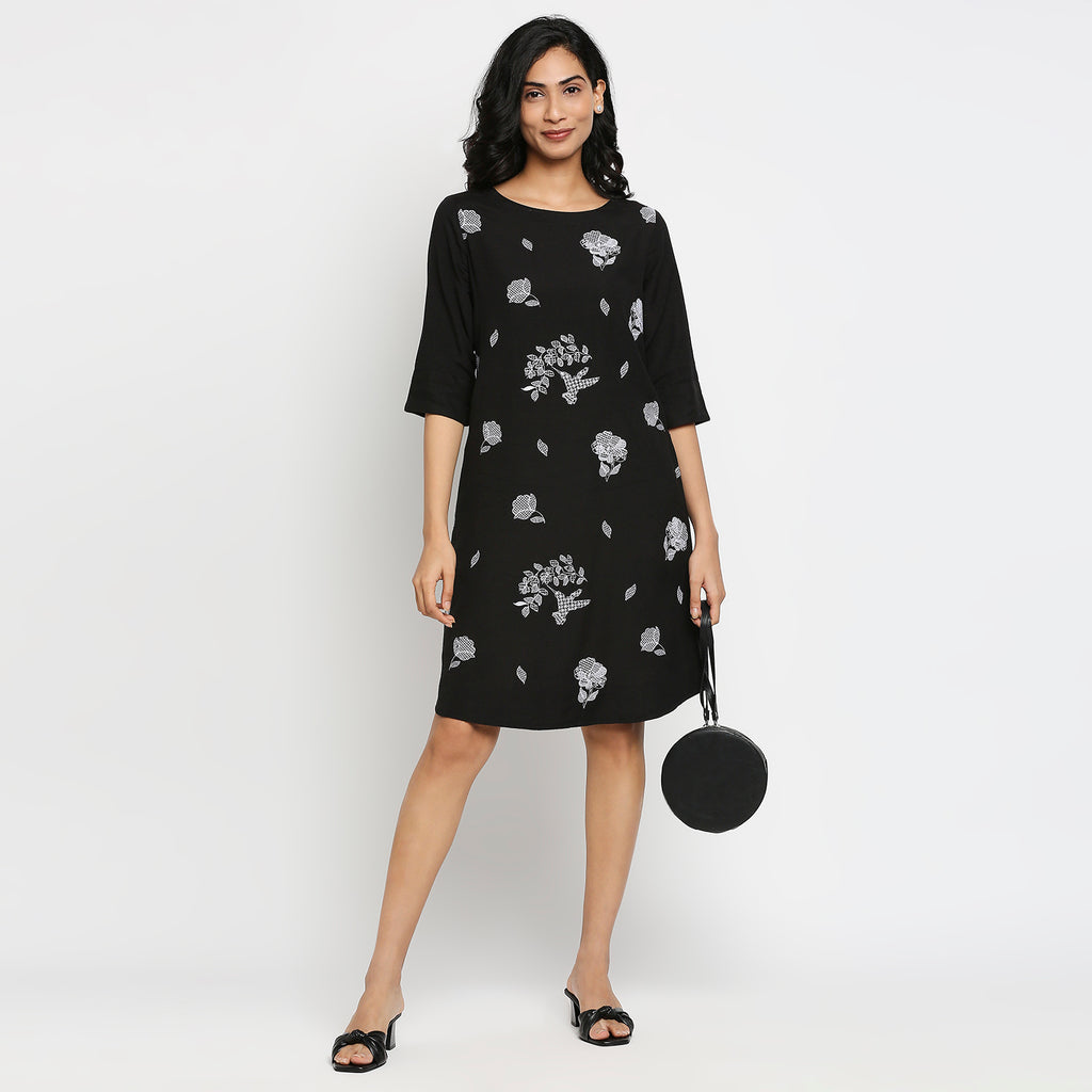 Women's Black Cotton Slub Floral Dress