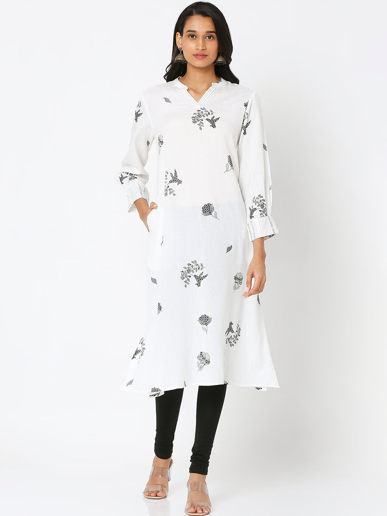 Women's White Cotton Slub Embroidered Kurta