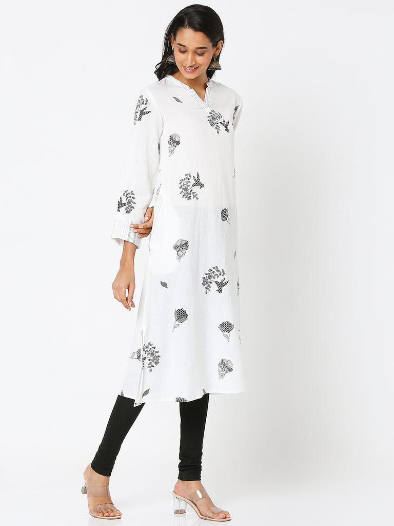 Women's White Cotton Slub Embroidered Kurta