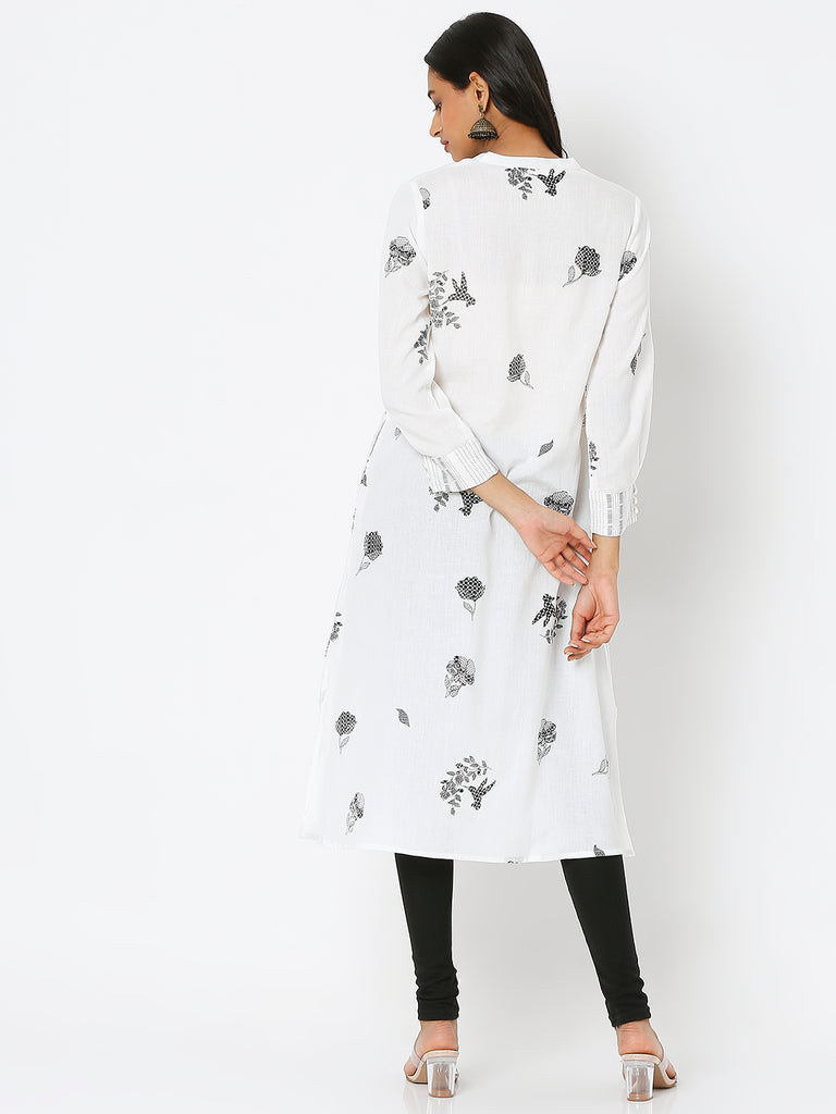 Women's White Cotton Slub Embroidered Kurta