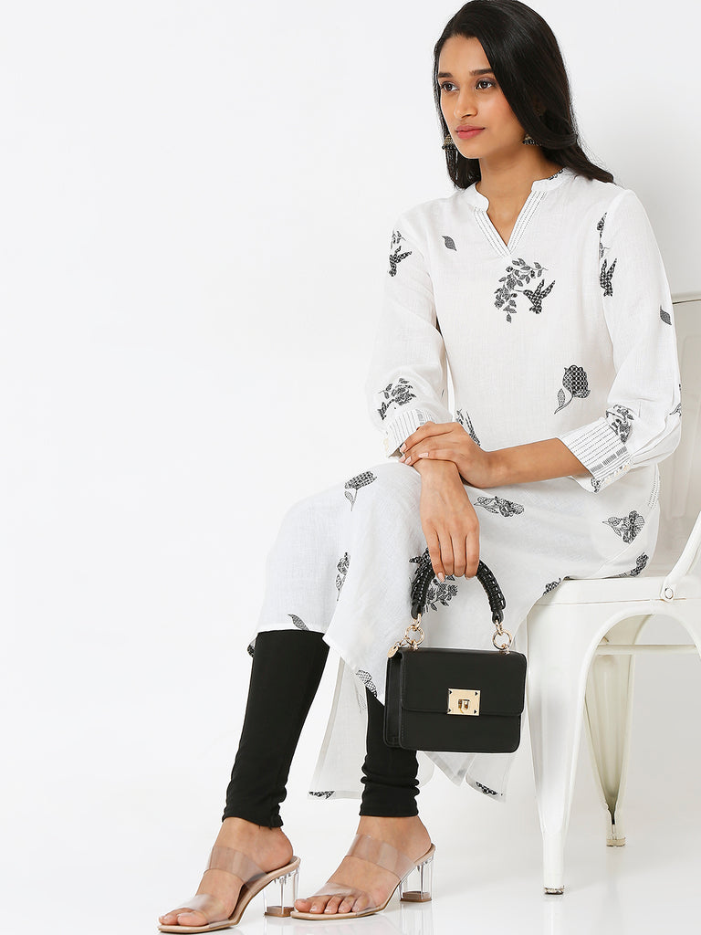 Women's White Cotton Slub Embroidered Kurta