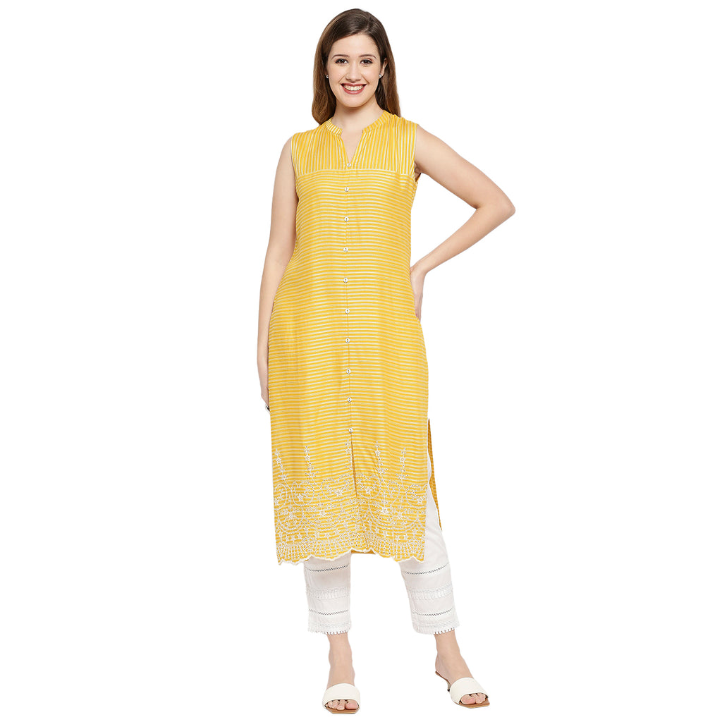 Women's Yellow Viscose Dobby Self Print Kurta
