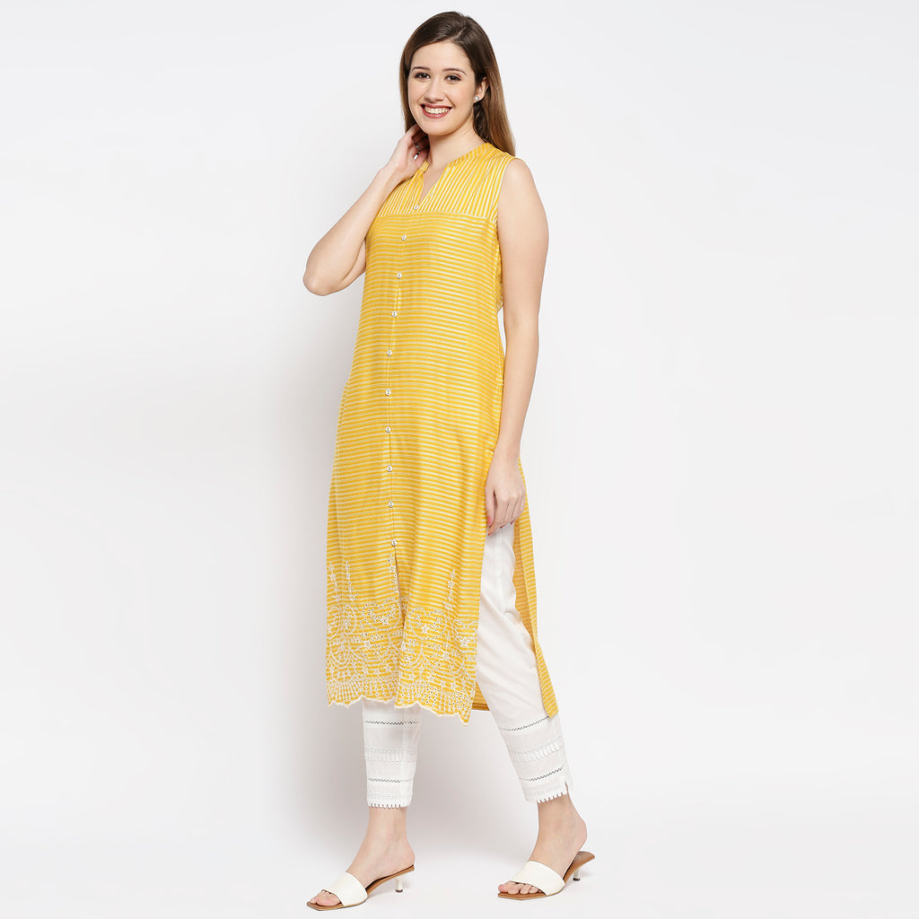 Women's Yellow Viscose Dobby Self Print Kurta