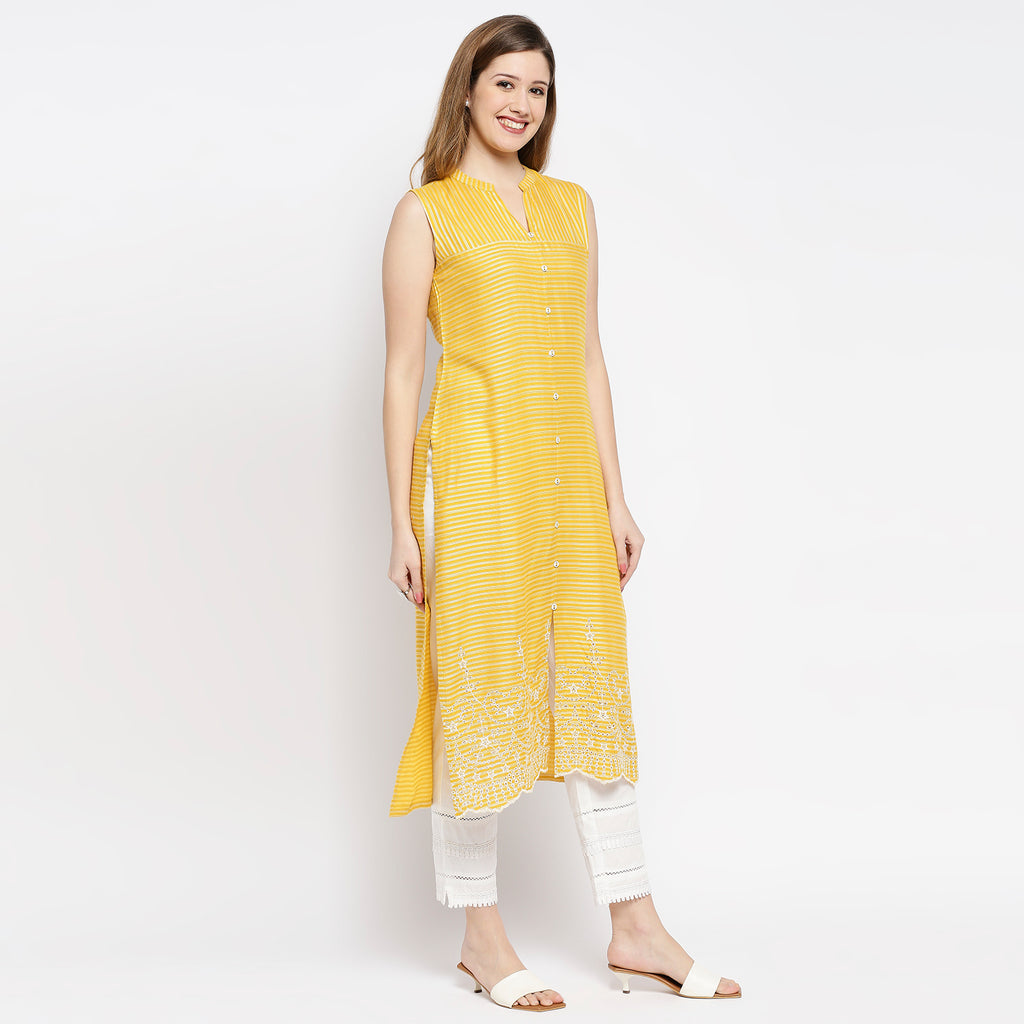 Women's Yellow Viscose Dobby Self Print Kurta
