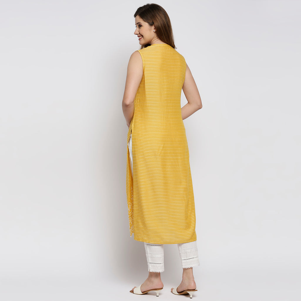 Women's Yellow Viscose Dobby Self Print Kurta