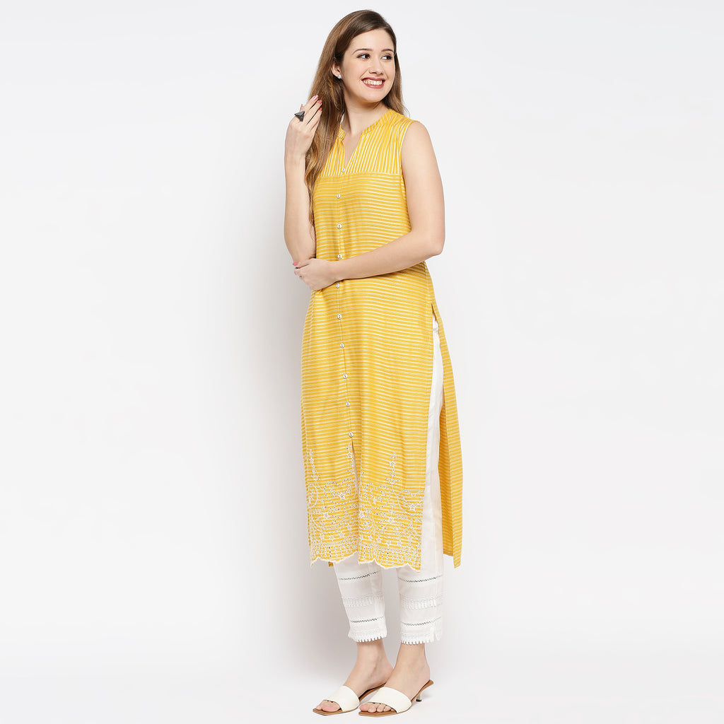 Women's Yellow Viscose Dobby Self Print Kurta
