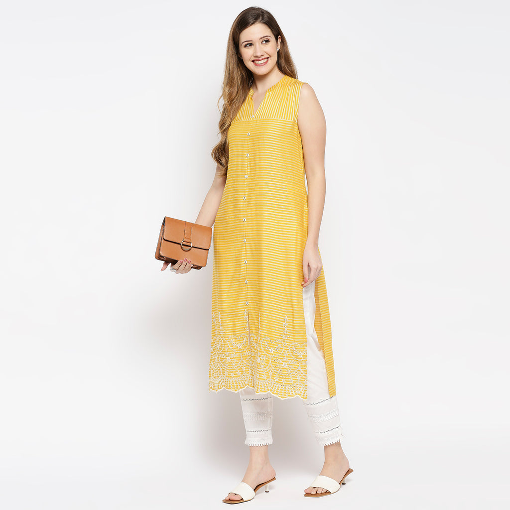 Women's Yellow Viscose Dobby Self Print Kurta