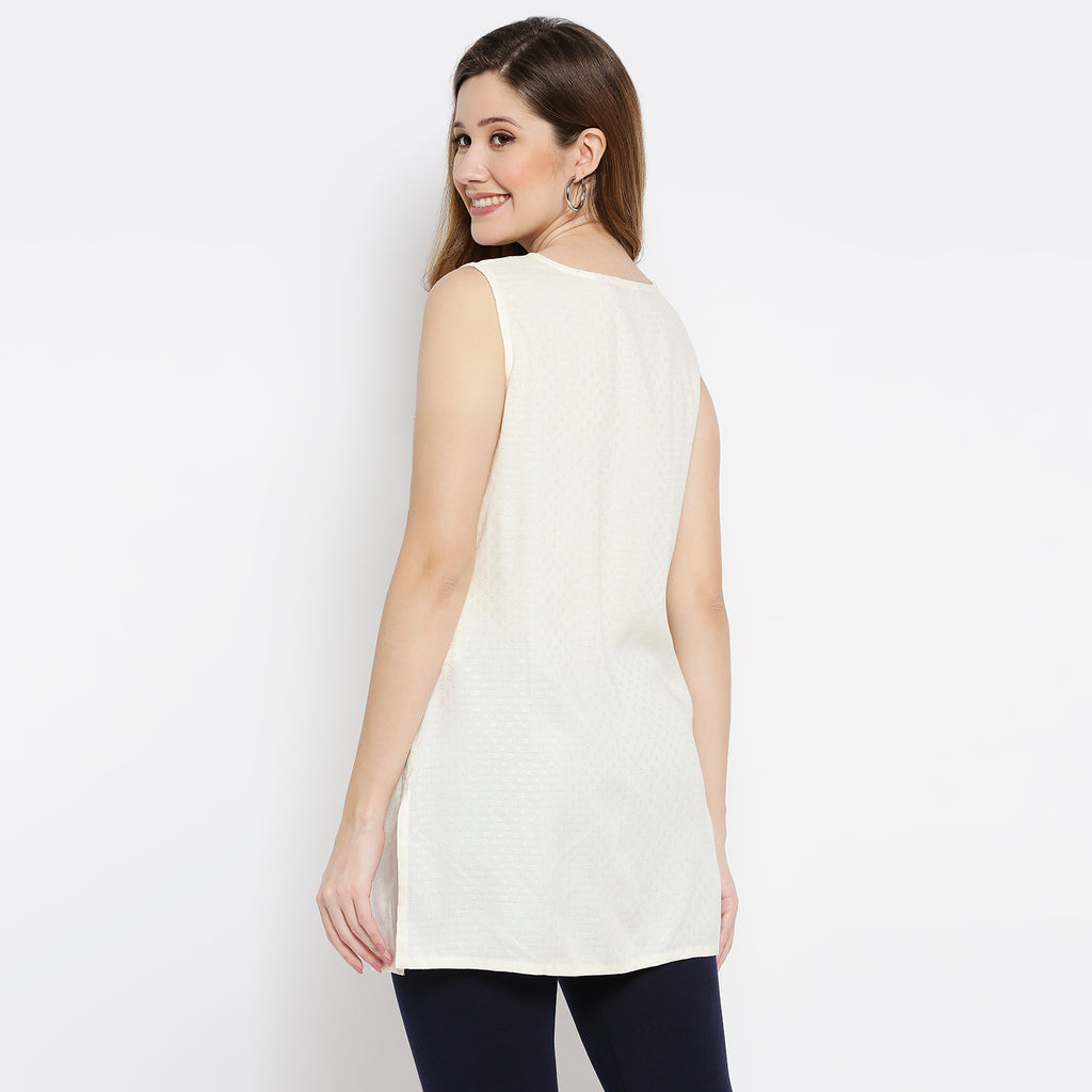 Women Off White Viscose Dobby Embroidered Top