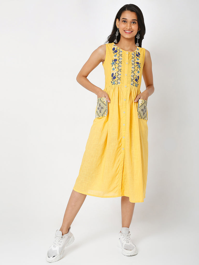 Women's Yellow Cotton Slub Embroidered Dress