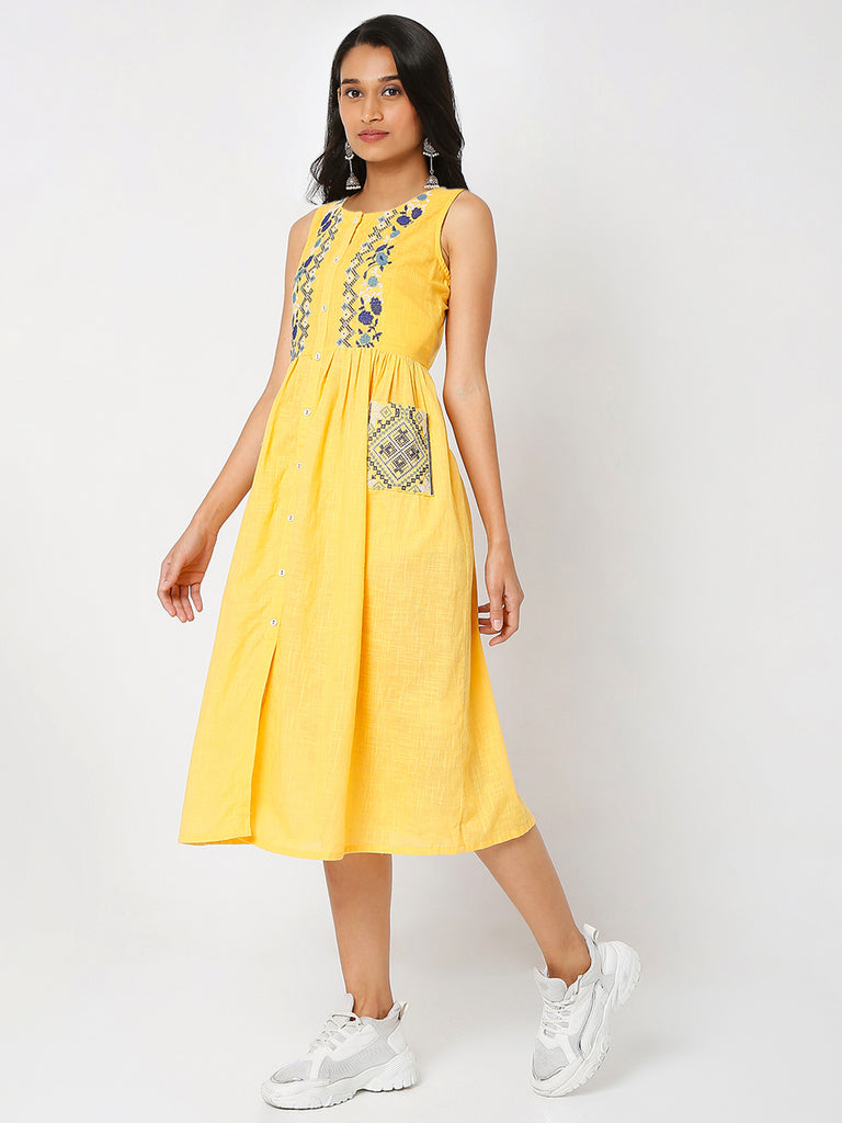 Women's Yellow Cotton Slub Embroidered Dress
