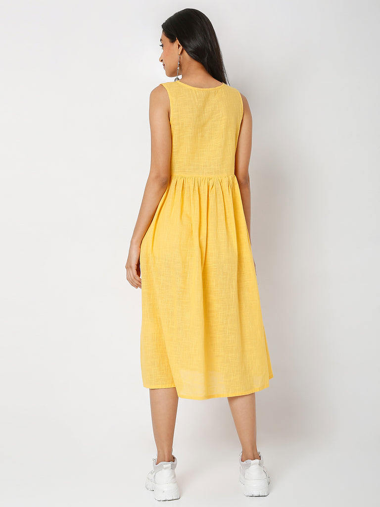 Women's Yellow Cotton Slub Embroidered Dress
