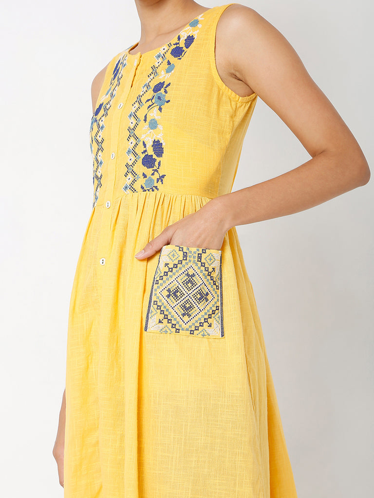 Women's Yellow Cotton Slub Embroidered Dress