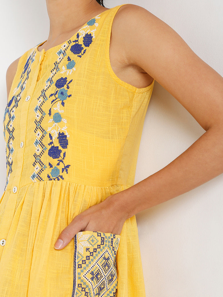 Women's Yellow Cotton Slub Embroidered Dress