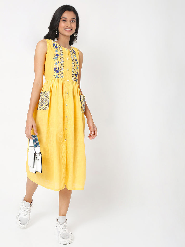 Women's Yellow Cotton Slub Embroidered Dress