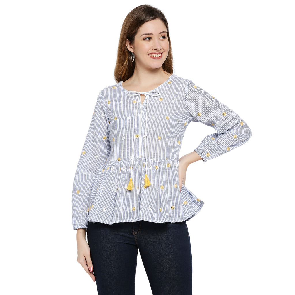 Women Blue Cotton Slub Embroidered Top