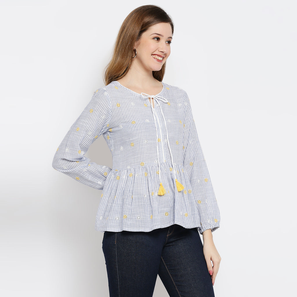 Women Blue Cotton Slub Embroidered Top