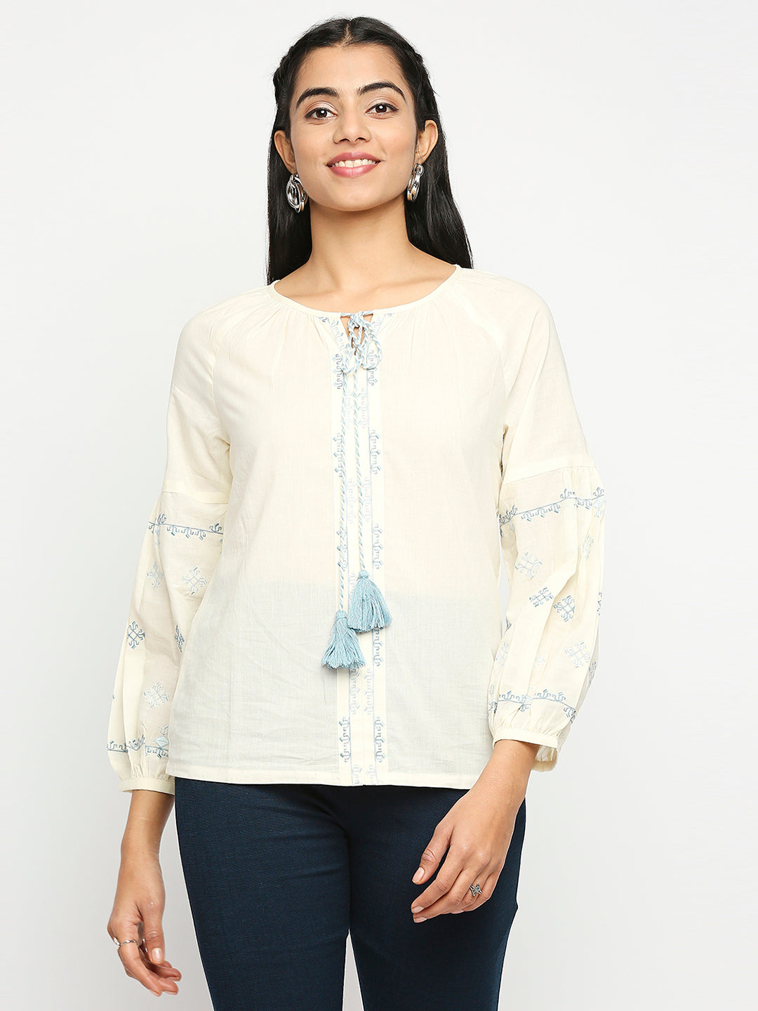 Women's Cream Cotton  Fusion Topwear