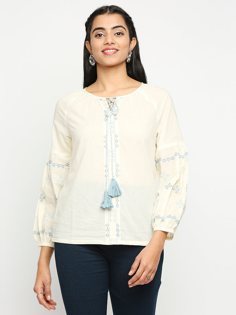 Women's Cream Cotton  Fusion Topwear