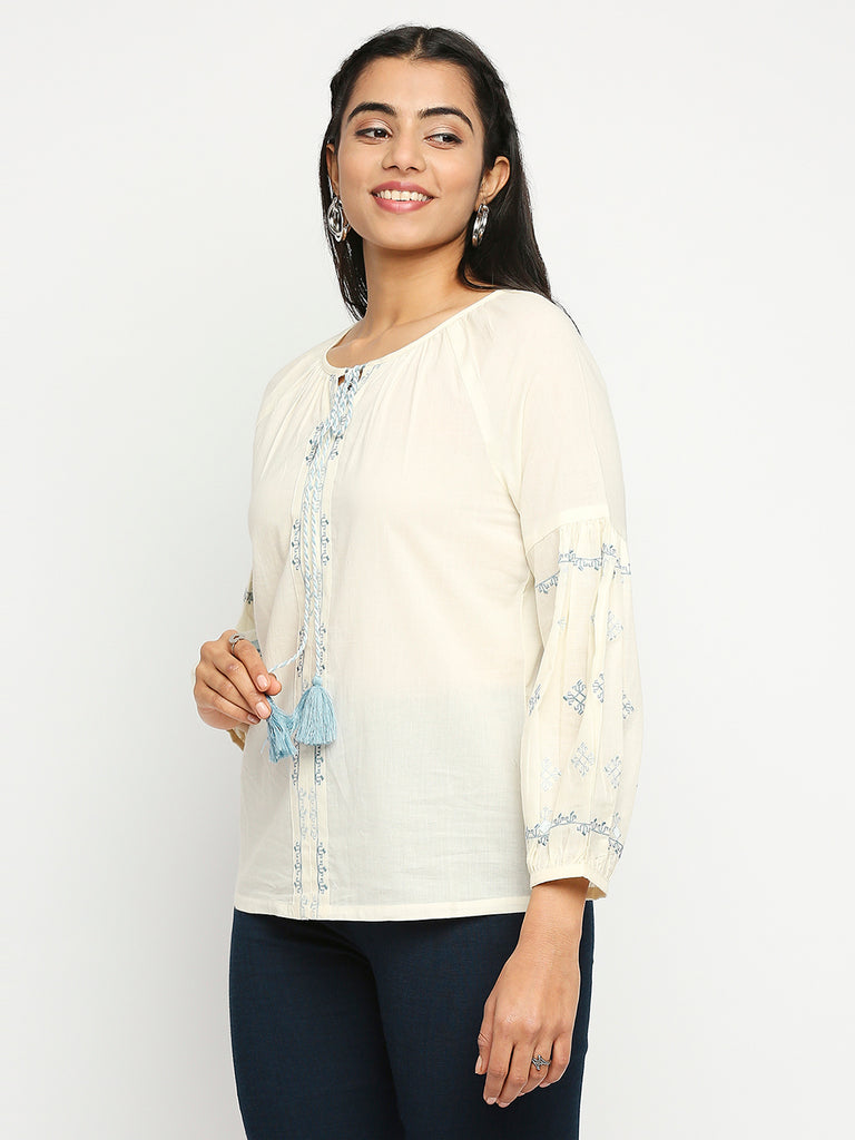 Women's Cream Cotton  Fusion Topwear