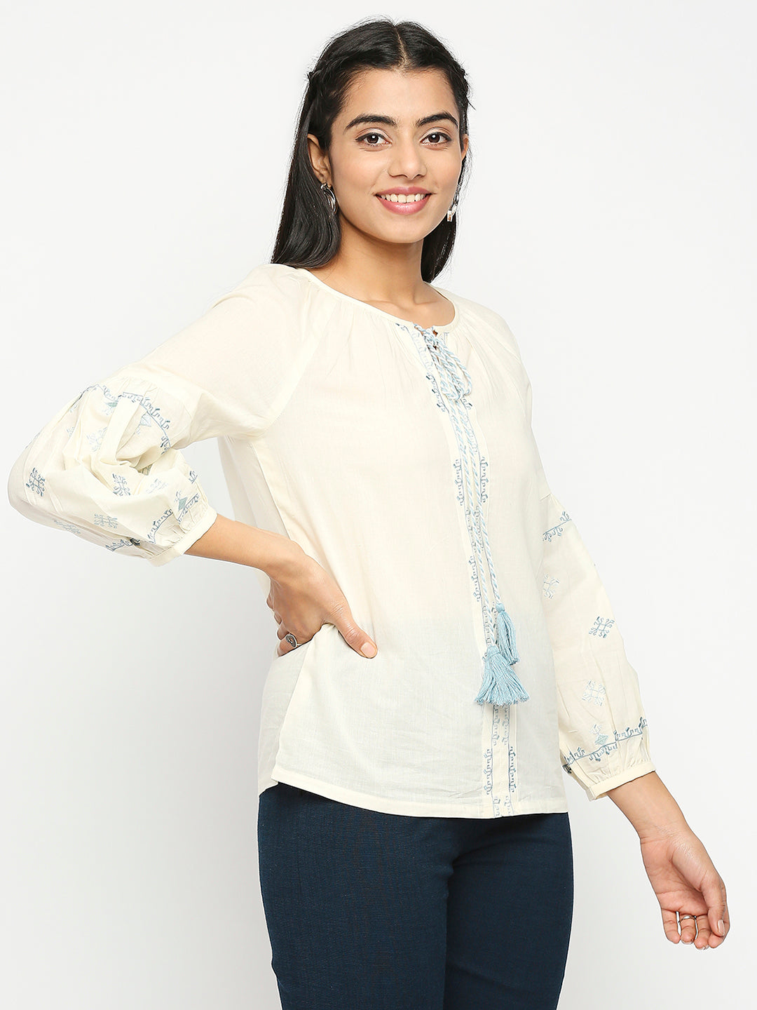 Women's Cream Cotton  Fusion Topwear