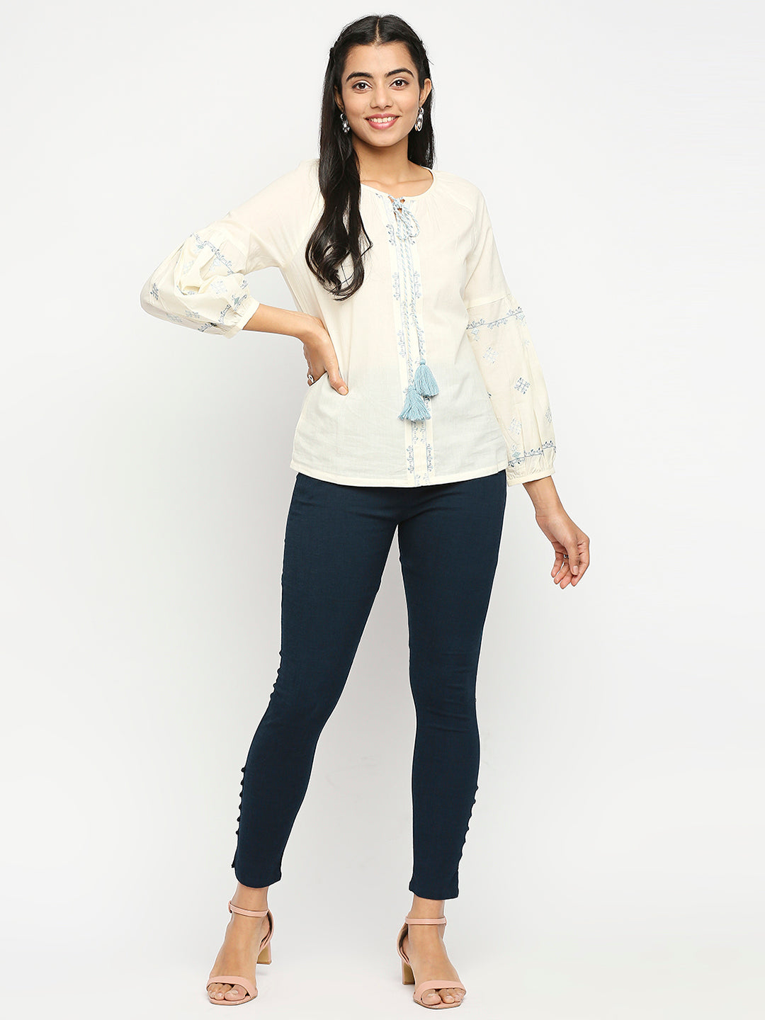 Women's Cream Cotton  Fusion Topwear