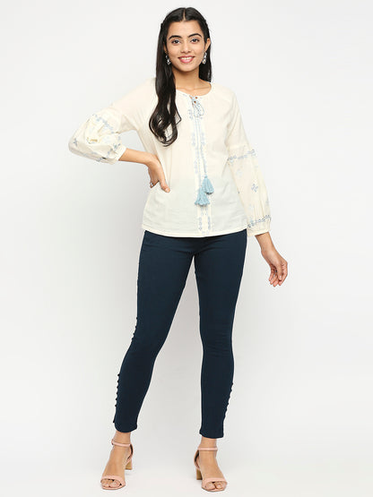 Women's Cream Cotton  Fusion Topwear