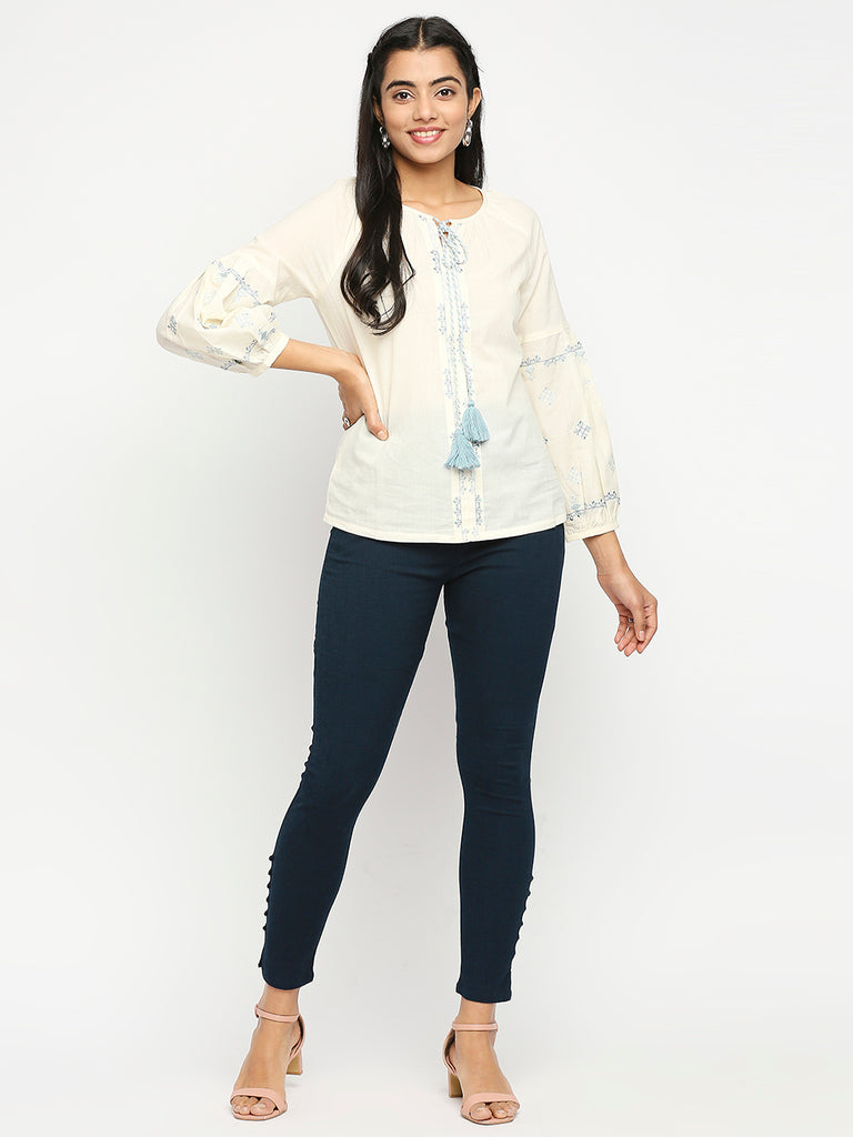 Women's Cream Cotton  Fusion Topwear