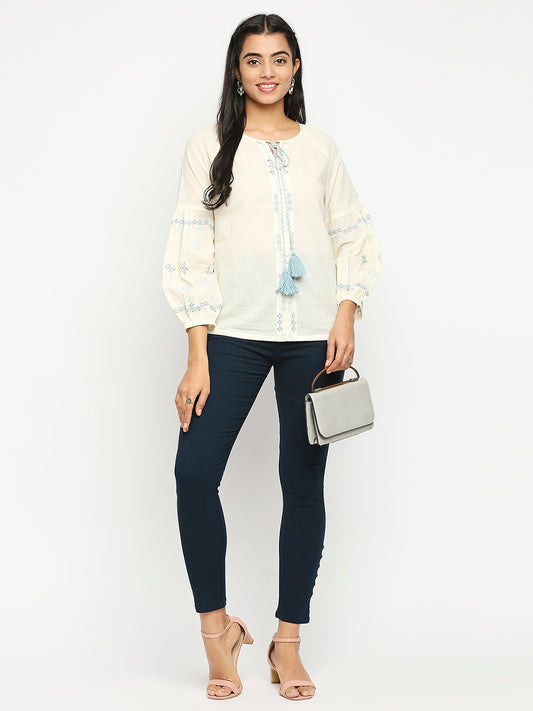 Women's Cream Cotton  Fusion Topwear