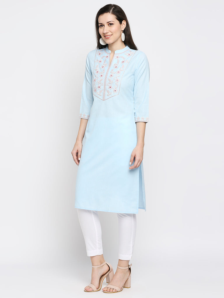 Women's Lt Blue Poly Slub Embroidered Kurta