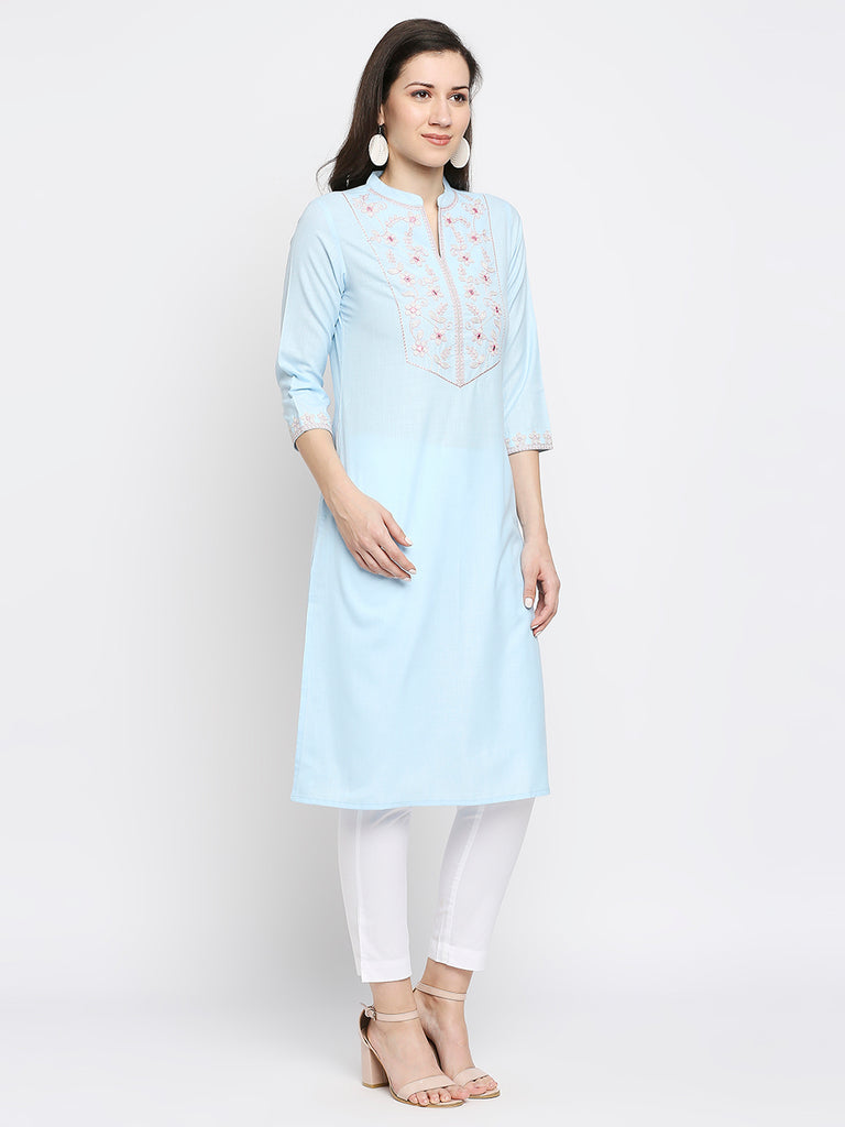 Women's Lt Blue Poly Slub Embroidered Kurta