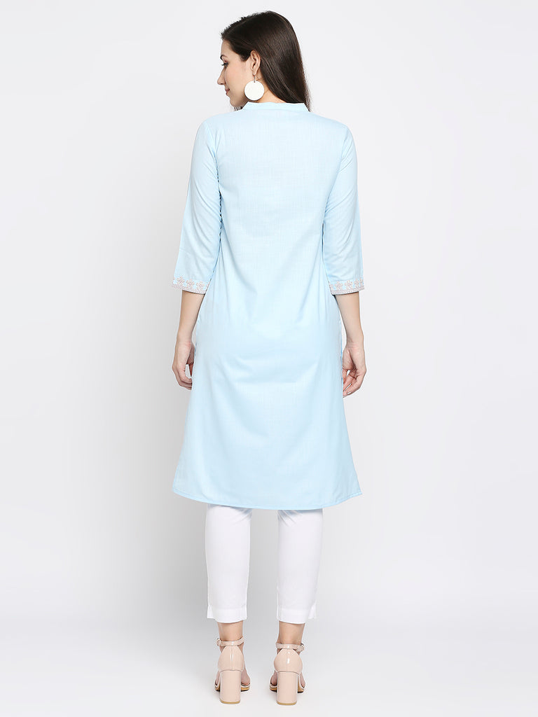 Women's Lt Blue Poly Slub Embroidered Kurta