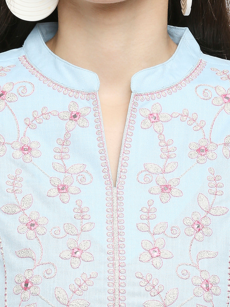 Women's Lt Blue Poly Slub Embroidered Kurta