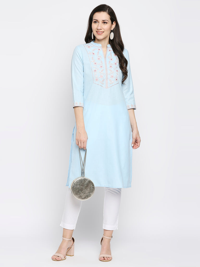 Women's Lt Blue Poly Slub Embroidered Kurta