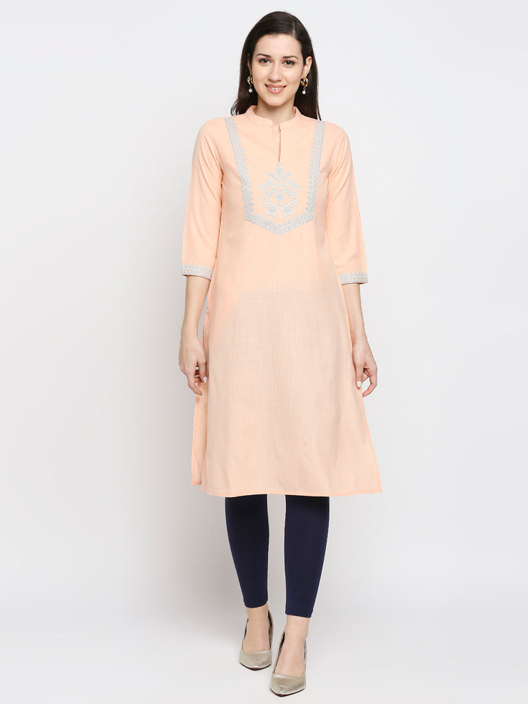 Women's Peach Poly Slub Embroidered Kurta