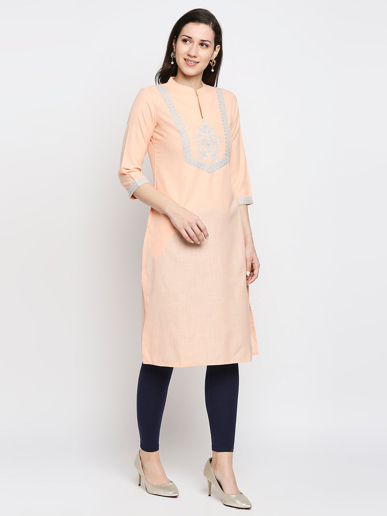 Women's Peach Poly Slub Embroidered Kurta